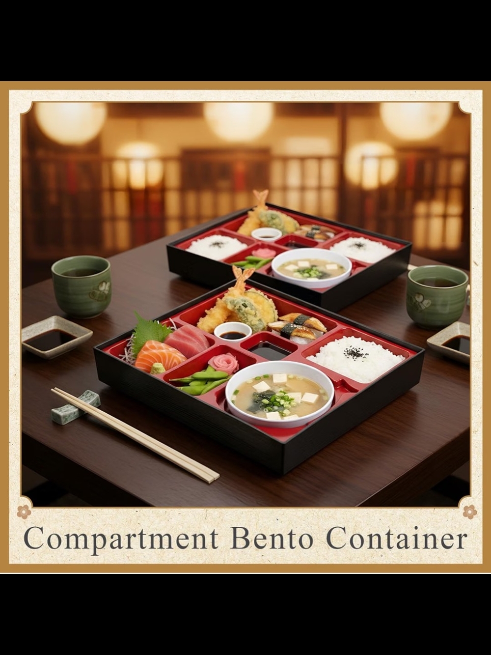 Compartment Bento Container - Black with Red Interior New